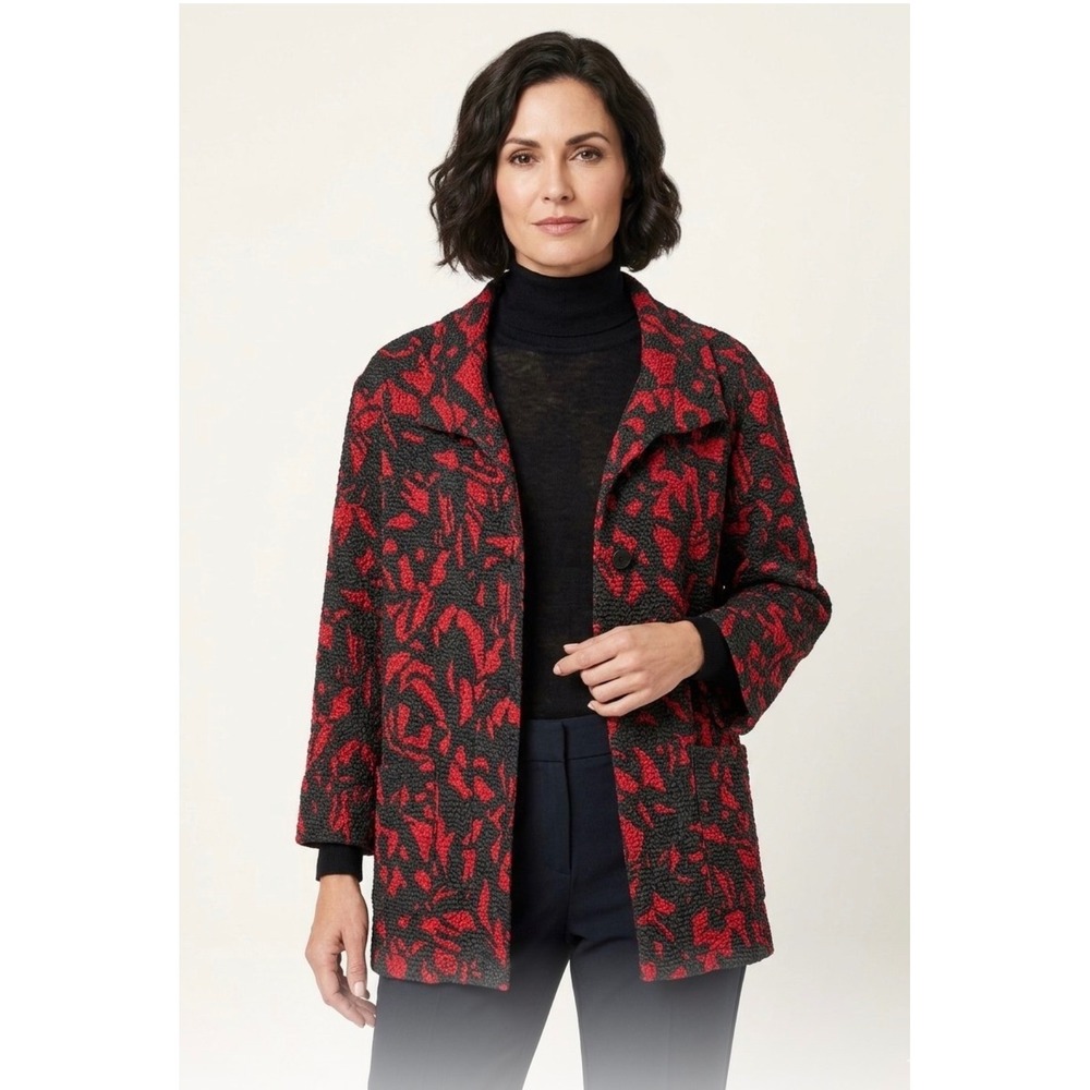 Laura Ashley Red Black Floral Textured Crinkle Jacket Plus 1X Pockets